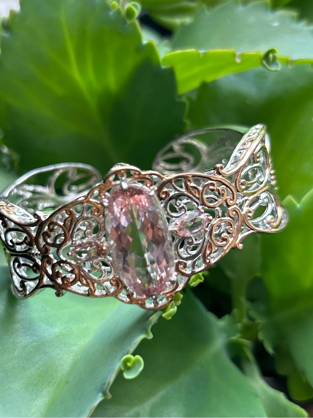 Pink Kunzite Rhodium & 18k Gold Over Palladium Sterling Silver filigree bracelet